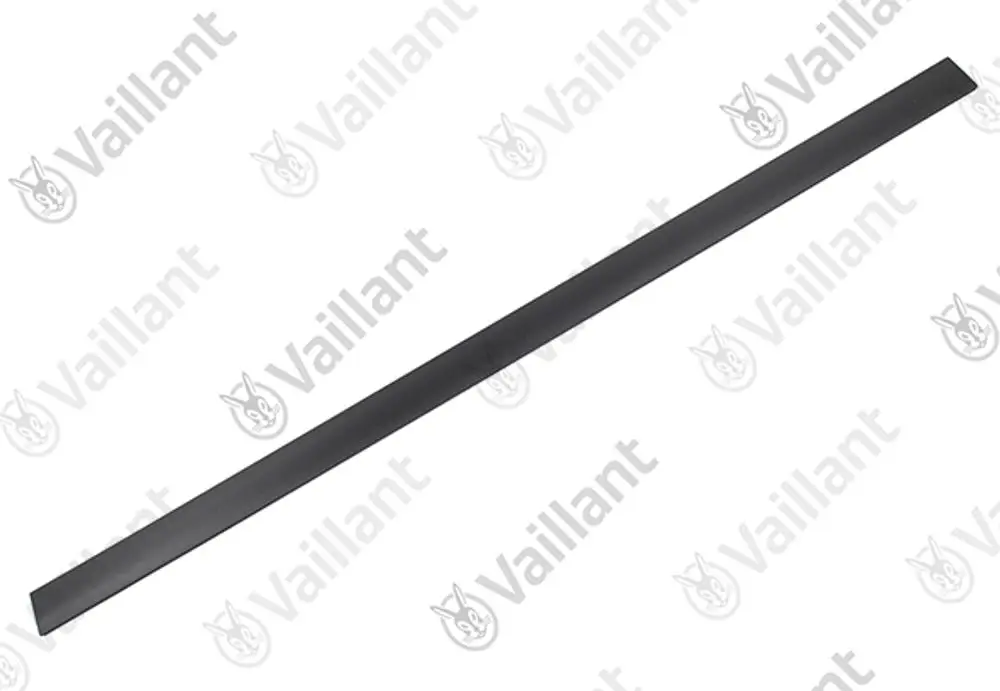 Schwarze Abdeckung oder Leiste von Vaillant, länglich und flach, auf heller Hintergrund. Ideal zur Verwendung in Heizungsanlagen.